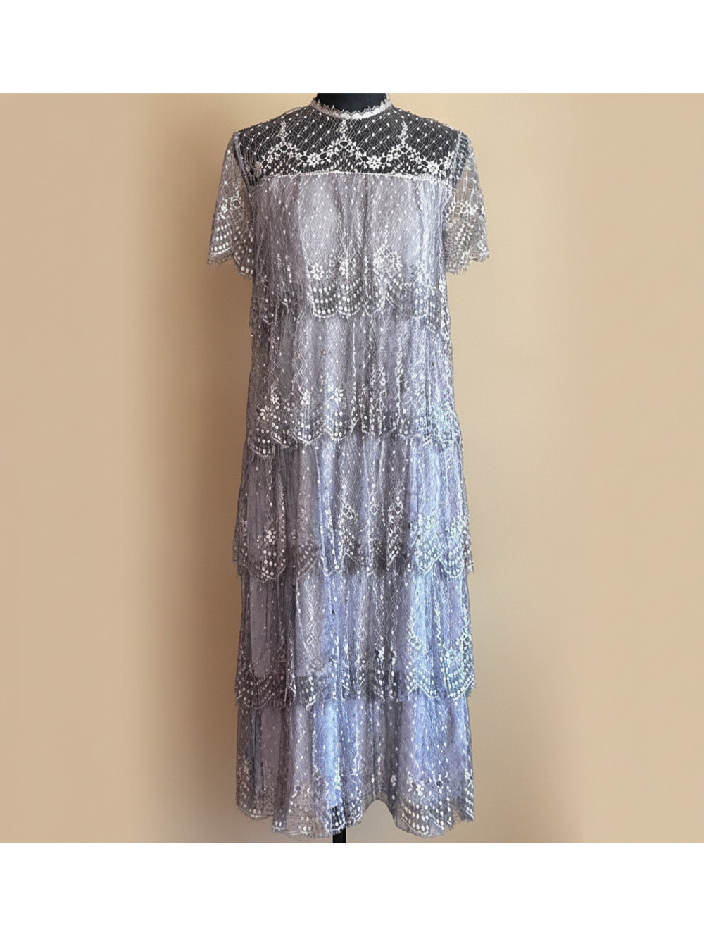 Vintage Rina diMontella Gray Silk Lace Tiered Dress Size 6 Formal Victorian